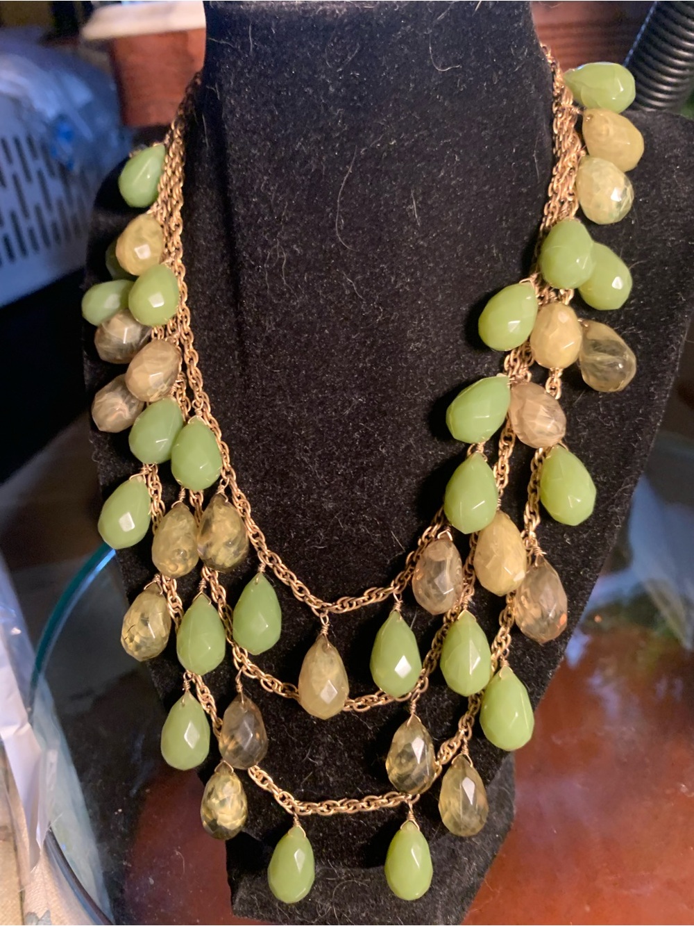 Lydell NYC Gold Chain Multi-Strand Olive Green Teardrop Necklace